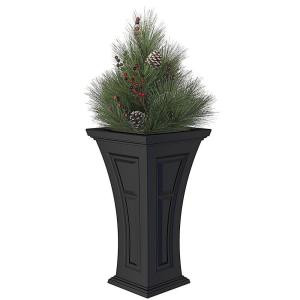 16 in. x 28 in. Black Polyethylene Plastic Heritage Planter with Artificial Pine Needle Holiday Arrangement