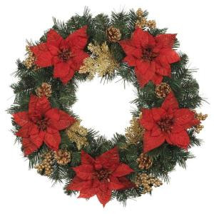 24 in. Silk Poinsettia Artificial Wreath with Gold Fern Sprigs and Pinecones (Pack of 6)