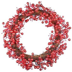 48-Light LED Red 24 in. Battery Operated Berry Wreath with Timer
