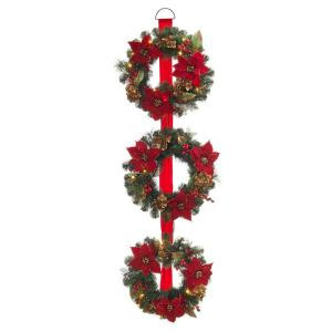 60 in. Battery Operated Triple Artificial Poinsettia Wreath with 48 Clear LED Lights