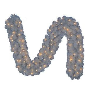 9 ft. Pre-Lit LED Glossy White North Hill Artificial Christmas Garland x 180 Tips with 100 Plug-In Warm White Lights