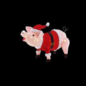 23.5 in. LED Lighted Pink Pig in Santa Coat and Hat