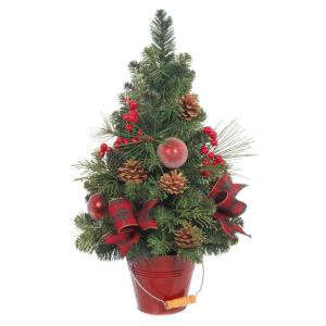 24 in. H Holiday Pine Tree with Red Berries and Ornaments in Red Bucket Pot