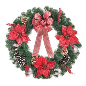 24 in. Icy Red Poinsettia Wreath with Silver Striped Red Bow