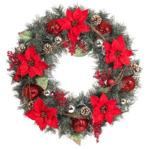 30 in. Red Poinsettia, Berries, Silver and Red Ball and Twig Pine Artificial Wreath