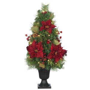 32 in. Burgundy Poinsettia and Berry Potted Artificial Christmas Tree with 35 Clear Lights
