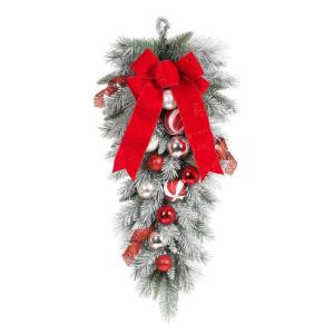32 in. Flocked Pine Teardrop with Red and White Balls
