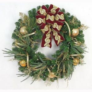32 in. Pre-Lit Valenzia Artificial Christmas Wreath With Red and Gold Ribbon, 50 Battery-Operated Warm White LED
