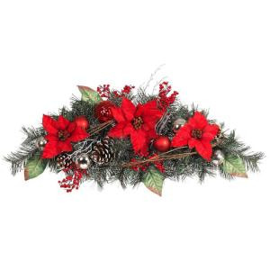 32 in. Red Poinsettia Pine Swag with Red and Silver Balls