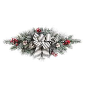 32in. Snowy Pine Swag with Pinecones Berries and Striped Bow