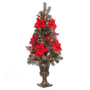 4 ft. Red Poinsettia and Twig Artificial Christmas Porch Tree with 50 UL Twinkle Lights
