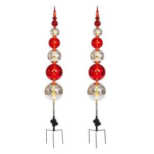 56 in. Battery Operated Plastic Ball Ornament Topiary Stake with 30 Clear LED Lights and Timer Feature (Set of 2)