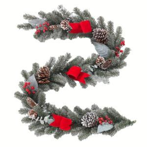 6 ft. Snowy Pine Garland with Pinecones, Berries and Red Velvet Bow
