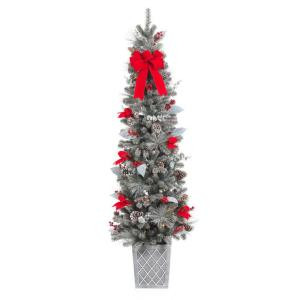 75 in. Pre-Lit Snowy Pine Porch Artificial Tree with 100 Clear Battery Operated LED Lights and Timer Function