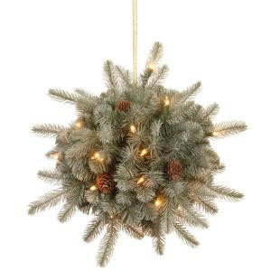 12 in. Battery Operated FEEL-REAL Alaskan Spruce Artificial Kissing Ball Swag with Pinecones and 35 Clear LED Lights