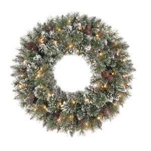 30 in. Frosted Pine Artificial Wreath with 50 Clear Lights