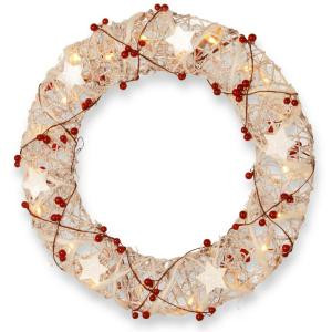 18 in. White Rattan Artificial Wreath with Clear Lights