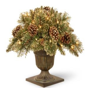 2 ft. Glittery Gold Pine Porch Artificial Bush with Clear Lights