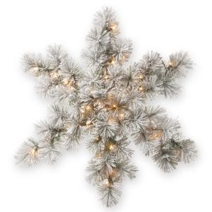 32 in. Snowy Bristle Pine Artificial Snowflake with Battery Operated Warm White LED Lights