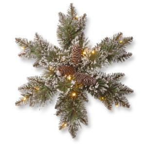 Glittery Bristle Pine 18 in. Artificial Snowflake with Battery Operated Warm White LED Lights