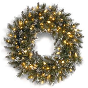 Glittery Bristle Pine 30 in. Artificial Wreath with Clear Lights