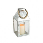 15.75 in. H Galvanized Metal Lantern with Battery Operated LED Outdoor Candle