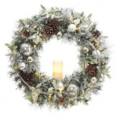 30 in. Battery Operated Snowy Silver Pine Artificial Wreath with 30 Clear LED Lights and LED Candle