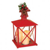 14.76 in. H Red Plastic Lantern with Glass, Pinecone and Mistletoe with Plaid Bow and 3 LED Plastic Candles