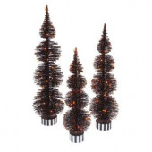 Electric Orange Lighted Black PVC Halloween Bottle Brush Trees (Set of 3)