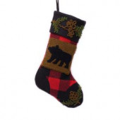 19 in. Polyester/Acrylic Plaid Christmas Stocking with Rug Hooked Bear