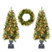 Double 4 ft. Pot Tree Artificial Christmas Tree and 24 in. Wreath with Clear Lights, Pinecones