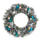 30 in. Flocked Pine Artificial Wreath with Blue Plate Balls
