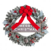 30 in. Snowy Pine Artificial Wreath with Merry Christmas Sign and Red Bow