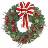 32 in. LED Pre-Lit Jolly Artificial Christmas Wreath with Ribbons, Baubles and 50 Battery-Operated Warm-White Lights