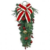 32 in. LED Pre-Lit Jolly Artificial Swag with Ribbon, Baubles, and 35 Battery-operated Warm-White Lights