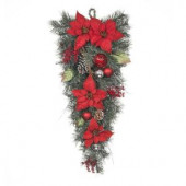 32 in. Red Poinsettia Twig Pine Teardrop with Red and Silver Balls
