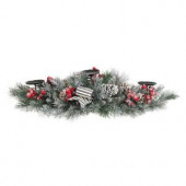 32 in. Snowy Pine Candleholder with Pinecones and Berries and Striped Bow