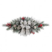 32in. Snowy Pine Swag with Pinecones Berries and Striped Bow