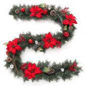 9 ft. Twig Pine Red Poinsettia Garland with Pinecones, Berries and Ball Ornaments