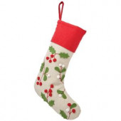 16 in. Red Trim Polyester Holly and Berries Christmas Stocking