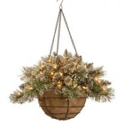 20 in. Glittery Bristle Pine Hanging Basket with Battery Operated Warm White LED Lights