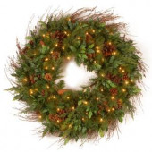 Decorative Collection Juniper Mix Pine 30 in. Artificial Wreath with Clear Lights